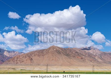Majestic Snow-capped Mountains Peak With Cloudy Blue Sky In Pamirs Plateau,alone Black Horse Grazing
