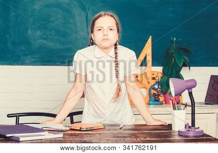 Future Career. Back To School. Small Child In Classroom. Small Girl Study With In School. Formal Inf