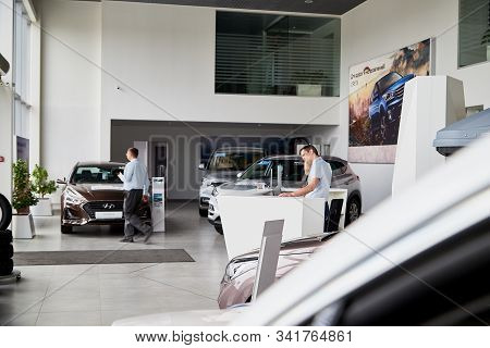 Petrozavodsk, Russia - June 21, 2019: Managers In Showroom With Cars Of Dealership Hyundai In Petroz
