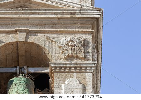 Jerusalem, Israel, December 28, 2018 : The Decorative Flower Carved From Stone On The St. Nicholas C