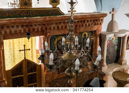 Jerusalem, Israel, December 28, 2018 : Large Decorative Lamp Hanging In The St. Nicholas Church Dung