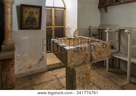 Jerusalem, Israel, December 28, 2018 : Place For Lighting Candles In The St. Nicholas Church Dungeon