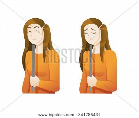 Woman With An Expression Mask. Person With Happy And Sad Mask Covering Face Hiding True Feelings