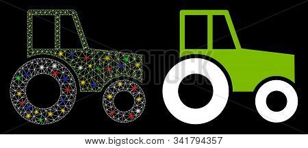 Glossy Mesh Wheeled Tractor Icon With Glitter Effect. Abstract Illuminated Model Of Wheeled Tractor.