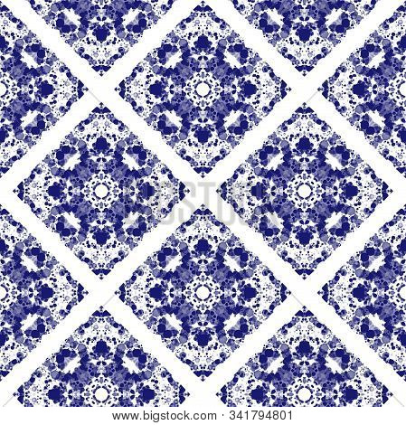 Seamless Portugal Azulejos Pattern. Blue And White Mosaic Tile For Ceramic Tableware, Pottery, Texti