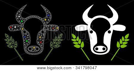 Glowing Mesh Cow And Wheat Agriculture Icon With Glitter Effect. Abstract Illuminated Model Of Cow A