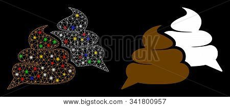 Bright Mesh Shit Chat Icon With Glare Effect. Abstract Illuminated Model Of Shit Chat. Shiny Wire Ca