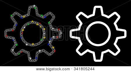 Glossy Mesh Outline Gearwheel Icon With Lightspot Effect. Abstract Illuminated Model Of Outline Gear