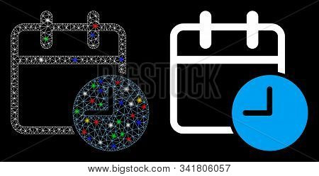 Flare Mesh Date Time Icon With Glitter Effect. Abstract Illuminated Model Of Date Time. Shiny Wire F