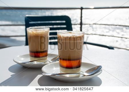 Special Coffee Of Canary Islands, Sweet Barraquito Coffee With Layers And Alcohol Served In Glass