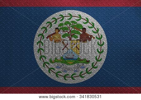 Belize Flag Depicted In Paint Colors On Old Brushed Metal Plate Or Wall Closeup. Textured Banner On 