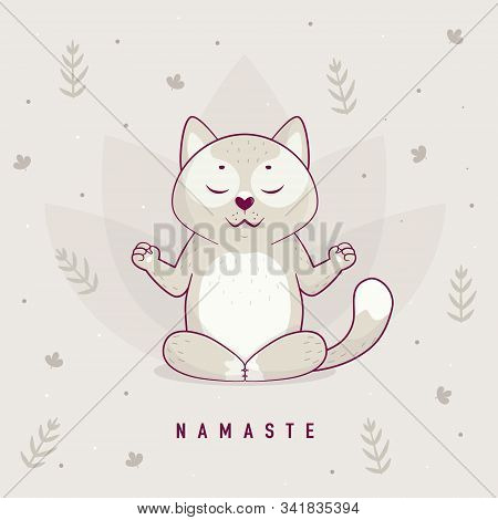 Funny Illustration With Cartoon Cat Sitting On Lotus Position Of Yoga. Vector Eps10