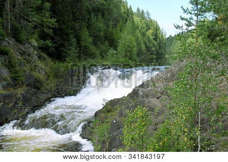 Kivach Waterfall, River Suna, Republic Of Karelia, Russia On Nature Forest Landscape Background