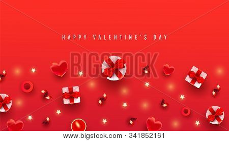 Valentines Day Horizontal Background With Border Made Of Gift Boxex, Love Shape And Decor Pattern On
