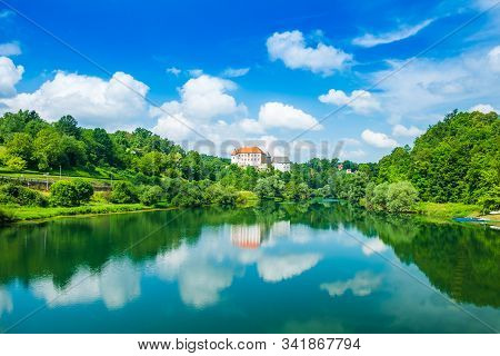 Croatia, Beautiful Town Of Ozalj, Aerial View Of Old Castle Over The Kupa River