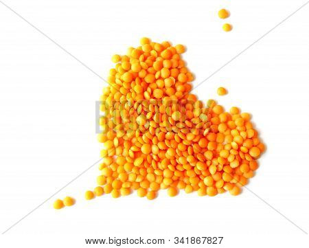 Red Lentils On White Background. Different Forms Of Dry Lentils. Lentils Red In A Transparent Glass 
