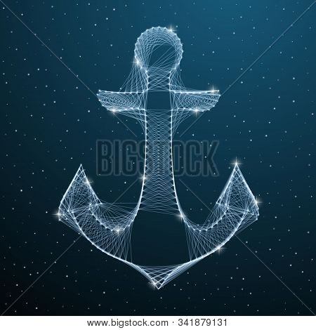 Nautical Anchor Low Poly Digital Silhouette With Lines And Dots On Blue Dark Star Sky. Polygonal 3d 