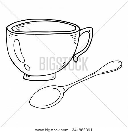 Cup With Spoon Icon. Vector Illustration Of A Coffee Cup With A Small Coffee Spoon. Hand Drawn Cup, 