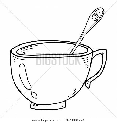 Cup With Spoon Icon. Vector Illustration Of A Coffee Cup With A Small Coffee Spoon. Hand Drawn Cup, 