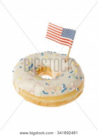 One Glazed Dount With An American Flag Isolated On White Background.