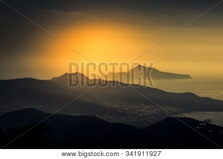 Scenic Aerial Sunset Seascape Over Gulf Of Naples, Capri Island And Mountains Lattari, Amalfi Coast,
