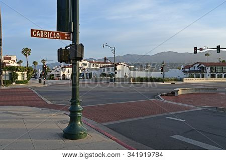 Santa Barbara, California - May 18, 2019: Cabrillo Boulevard Sign At Intersection Cabrillo And State