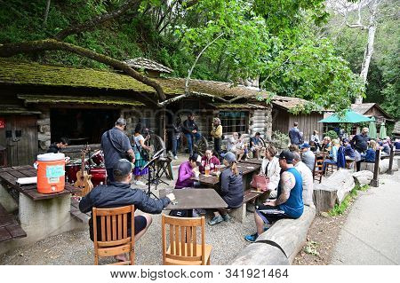Santa Barbara, California - May 18, 2019 People Gather At Historical Cold Spring Tavern On Stagecoac