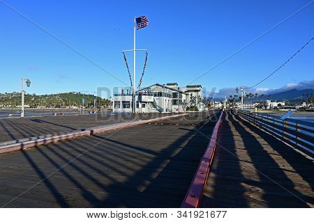 Santa Barbara, California - May 20, 2019 Stearns Wharf At Sunrise On Clear Cloudless Morning.