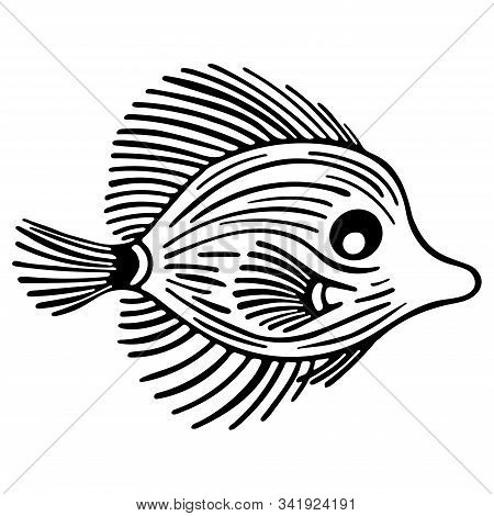 Cute Marine Fish Isolated On White Background. Monochrome Lineart Cartoon Vector Illustration. Hand 