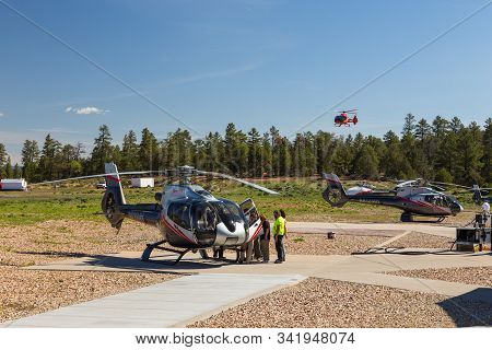 Tusayan, Grand Canyon, Usa- 31 May 2015: Maverick Helicopters On The Blacktop At The Grand Canyon Na