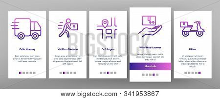 Courier Post Onboarding Mobile App Page Screen Vector. Human Silhouette With Cart And Box, Truck And