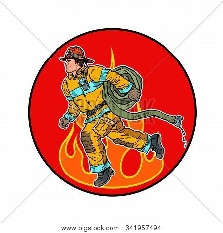 A Firefighter Is Extinguishing The Flames. Pop Art Retro Vector Illustration Kitsch Vintage 50s 60s