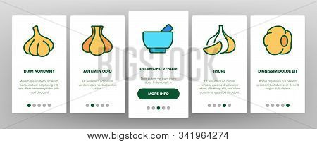 Garlic Spicy Vegetable Onboarding Mobile App Page Screen Vector. Smell From Mouth And Garlic Press, 