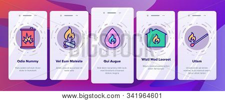 Combustible Products Onboarding Mobile App Page Screen Vector. Burning Gaz From Pipe, Flame On Mark 