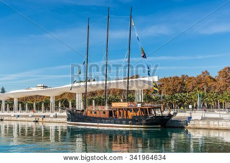 Malaga, Spain - December 4, 2018: Three-masted Schooner Anne Bonny, Built In 1905, Docked In The Por