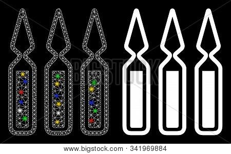 Bright Mesh Ampoules Icon With Glare Effect. Abstract Illuminated Model Of Ampoules. Shiny Wire Fram
