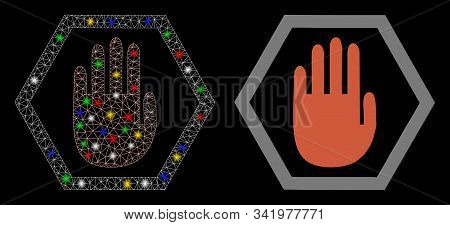 Glowing Mesh Abort Hand Icon With Glow Effect. Abstract Illuminated Model Of Abort Hand. Shiny Wire 