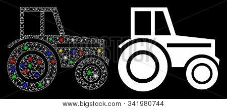 Glossy Mesh Wheeled Tractor Icon With Glare Effect. Abstract Illuminated Model Of Wheeled Tractor. S