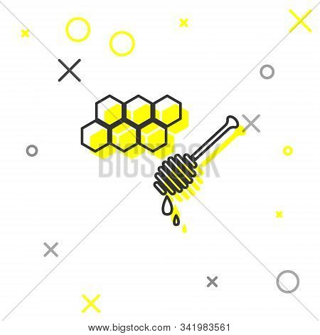 Grey Line Honeycomb With Honey Dipper Stickicon Isolated On White Background. Honey Ladle. Honey Cel