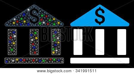 Glossy Mesh Bank Office Building Icon With Glare Effect. Abstract Illuminated Model Of Bank Office B
