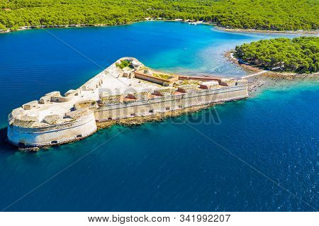 Saint Nicholas Fortress At Sibenik Bay Entrance, Dalmatia, Croatia, Drone Aerial Shot Of Beautiful B