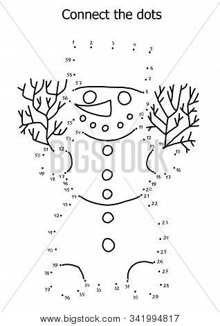 Connect Dots Puzzle For Kids. Happy Snowman Printable Paper Game For Winter Holidays. One Of A Serie