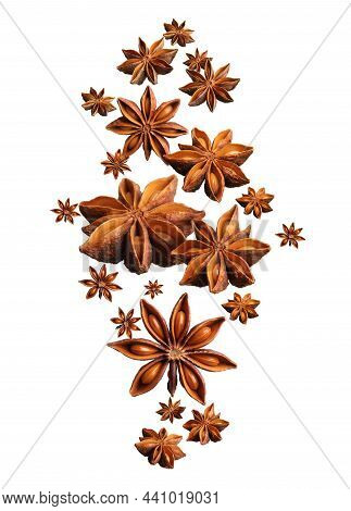 Dry Aromatic Anise Stars Falling On White Background