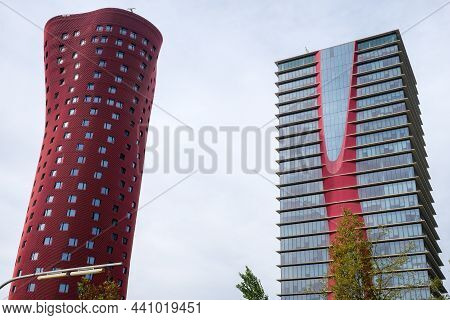 Barcelona, Spain - 5 November 2021: Hotel Porta Fira Also Torres De Toyo Ito With Torre Realia Bcn B
