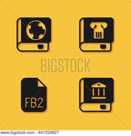 Set Earth Globe And Book, Law, Fb2 File And History Icon With Long Shadow. Vector
