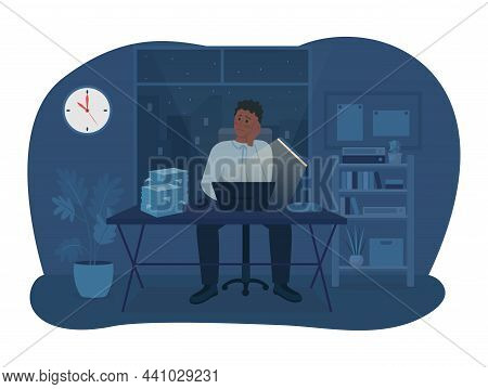 Late At Night In Office 2d Vector Isolated Illustration. Challenges Of Office Work. Tired And Frustr