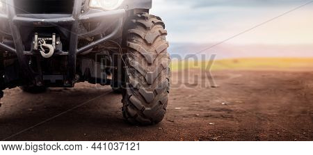 Banner Motocross Background, Atv Wheels Quad Bike On Desert Offroad Dust