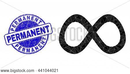 Lowpoly Polygonal Curve Infinity Symbol Illustration With Permanent Grunge Stamp Seal. Blue Seal Con