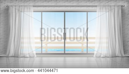 Glass Windows With White Silk Curtains, Brick Walls And Overlooking To Sea. Vector Realistic Interio