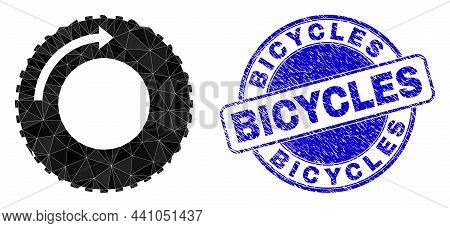 Low-poly Polygonal Tire Rotaion Direction 2d Illustration With Bicycles Unclean Seal. Blue Stamp Sea